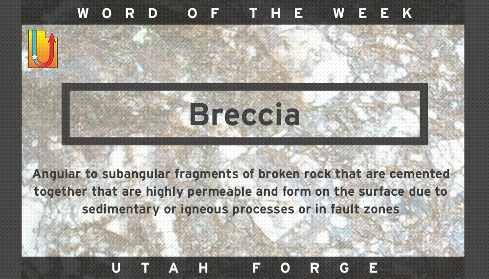 Breccia: Angular to sub-angular fragments of broken rock that are cemented together that are highly permeable and form on the surface due to sedimentary or igneous processes or in fault zones.