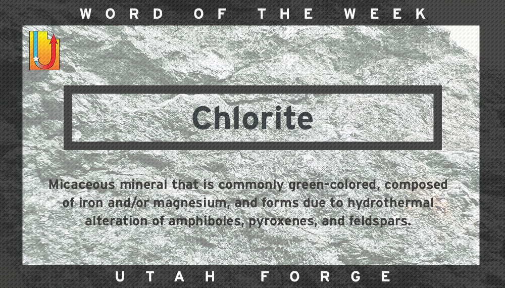 Chlorite: A micaceous mineral that is commonly green-colored, composed of iron and/or magnesium, and forms due to hydrothermal alteration of amphiboles, pyroxenes, and feldspars.