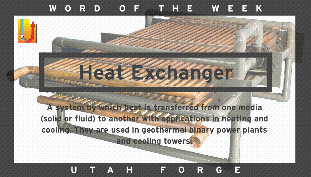 Heat Exchanger: A system by which heat is transferred from one media (solid or fluid) to another with applications in heating and cooling. They are used in geothermal binary power plants and cooling towers.