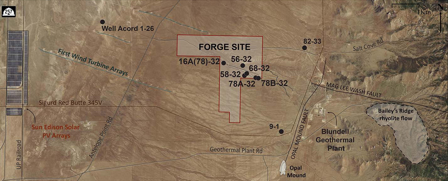 Satellite view of the FORGE site area outlined with well location markings.