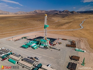 Utah FORGE deep well drilling, aerial image of well 16A78-32 drill rig.