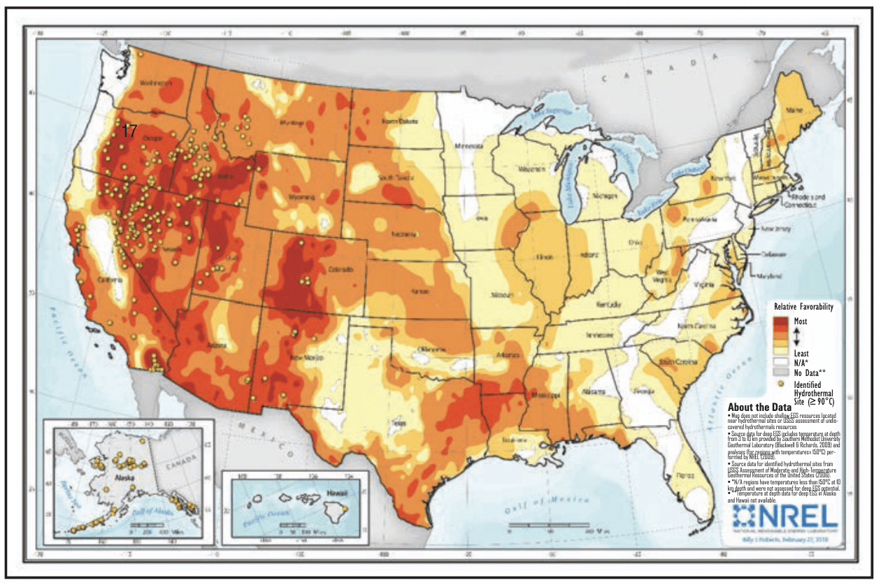 oil-and-gas-reporter Map of the United States showing relative favorability for enhanced geothermal systems (EGS), with darker red areas indicating the most favorable regions and lighter yellow areas showing the least. The western U.S., particularly Nevada, Utah, and parts of California and Oregon, shows the highest potential. Yellow dots represent identified hydrothermal sites (≥90°C). Insets show similar data for Alaska and Hawaii. The map is sourced from NREL and is based on subsurface temperature data at a depth of 6.5 km.