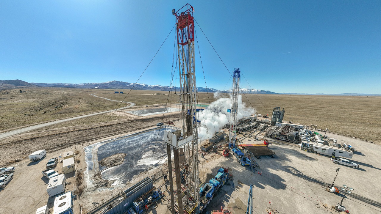 stimulation-1280×720-1 Drilling rig and support equipment at the Utah FORGE site on May 23, 2024, during a landmark circulation test. Steam rises as the team completes successful stimulation of wells 16A(78)-32 and 16B(78)-32, confirming fluid flow and energy transfer in hot dry granite. This Enhanced Geothermal Systems (EGS) breakthrough marks a major milestone for geothermal research and clean energy development.