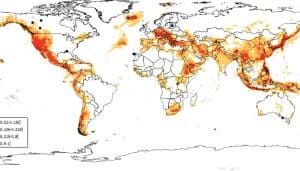 Global map displaying geothermal suitability distribution using the Maximum Entropy model. Areas range from low (light yellow) to high (dark red) suitability, with the highest potential concentrated along tectonic regions such as the western Americas, East Africa, Southeast Asia, and parts of the Middle East and Europe.