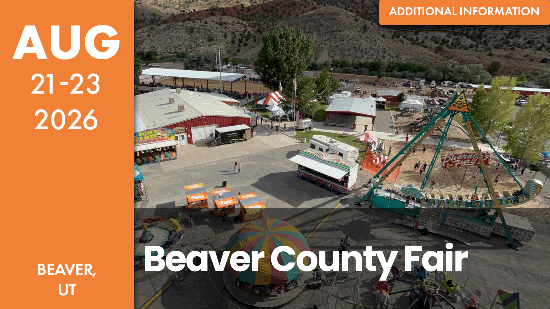 Promotional graphic for the 2026 Beaver County Fair, featuring an aerial view of the fairgrounds with carnival rides, food booths, and event buildings. The left panel displays the dates August 21–23, 2026, and the location Beaver, Utah.